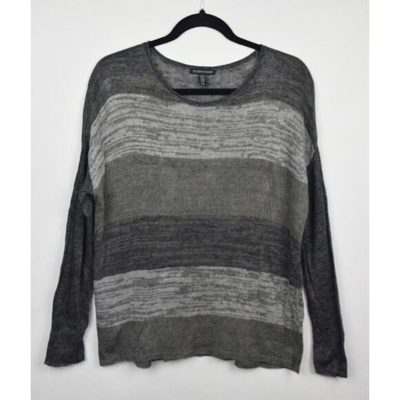 Eileen Fisher Womens Sweater Open Knit Linen Gray Striped Long Sleeve Sz Medium - Picture 1 of 16